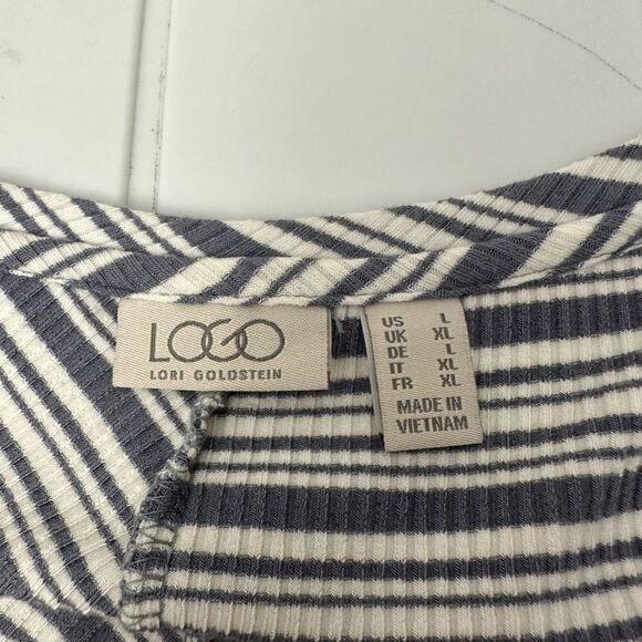 LOGO Lori Goldstein Gray Assymetric Striped Longsleeve Tunic Top Lace trim sz L - Picture 6 of 7